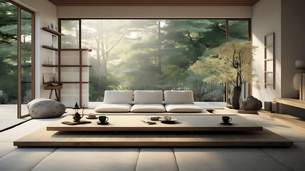Minimalist Japanese Living Room with Tatami Mats and Low