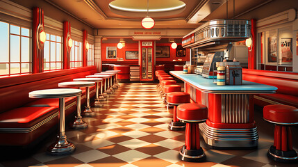 Retro Diner Interior with Red Booths and Jukebox