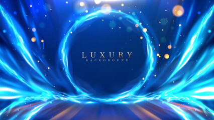 Dark stage scene with flame effects elements with glitter light decorations and bokeh. Luxury blue background.