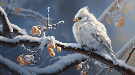 Fluffy White Bird on Snowy Branch