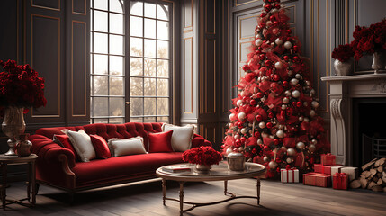 Classic Living Room Decorated with a Vibrant Red Christmas
