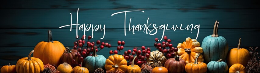 Thanksgiving Banner. Selection Autumn vegetables, seasonal decorations and pumpkins. - obrazy, fototapety, plakaty