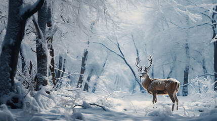 Deer Wandering Through a Snow-Covered Forest