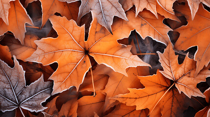 Naklejka na ściany i meble Fiery Orange Maple Leaves in Late Autumn Frost