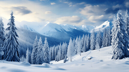 Fototapeta na wymiar Mountainous Winter Landscape with Tall Snow-Covered Fir Trees