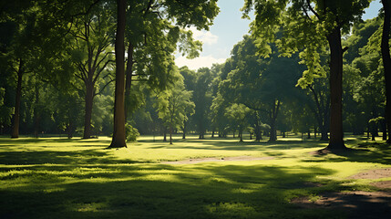 Summer Park Landscape with Sunlit Grass and Tree Canopy