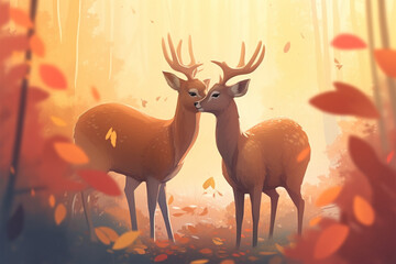 cartoon illustration, a pair of deer kissing