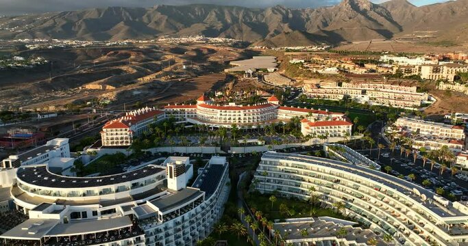 Beautiful aerial view on the pool and palms on island Tenerife Spain, Canary Islands. Amazing landscape to Playa del Duque