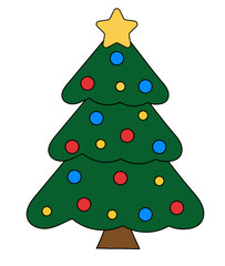 Christmas tree. Decorations star and balls. Vector flat illustration.