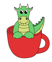 Cartoon Dragon character in red cup. Vector flat illustration.