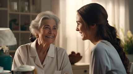 International Day for the Elderly. Caring nurse talking with elderly old woman specialist, teaching younger. Retirement, consulting and professional female nurse with elderly person smiling together - obrazy, fototapety, plakaty