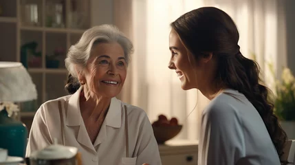 Foto op Canvas International Day for the Elderly. Caring nurse talking with elderly old woman specialist, teaching younger. Retirement, consulting and professional female nurse with elderly person smiling together © Viktorikus