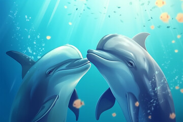 cartoon illustration, a pair of dolphins kissing