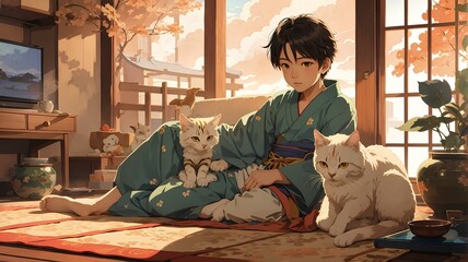 Young boy with his pet cats in traditional Japanese house. Vector art. Traditional Japanese style. Generative AI.