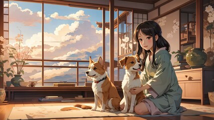 Young girl with his pet dogs in traditional Japanese house. Vector art. Traditional Japanese style. Generative AI.