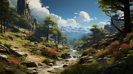 Enchanting Beauty: Exploring Nature's Majestic Landscapes of River, Mountain, and Forest, generative AI