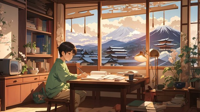 Young kid studying in a cozy traditional Japanese house. Vector art. Traditional Japanese style. Generative AI.
