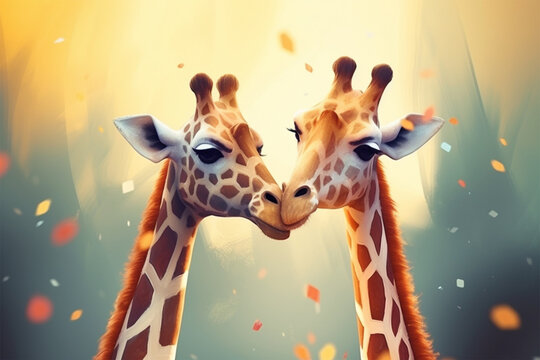 cartoon illustration, a pair of giraffes kissing