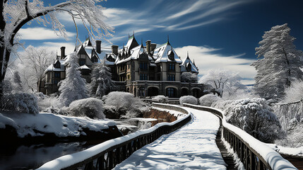 Christmas castle - manor - estate - holiday devorations - snow - winter - blue skies - low angle camera shot - black and white with color splash 