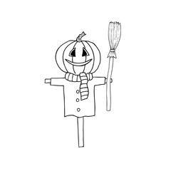 Hand drawn Halloween scarecrow with broom. Vector illustration. For coloring, cards, printing, packaging, invitations, business cards, advertising