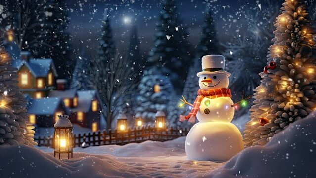 winter atmosphere with snowmen and Christmas decorations and lights. seamless looping time-lapse virtual video animation background.	