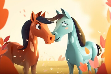 cartoon illustration, a pair of horses kissing