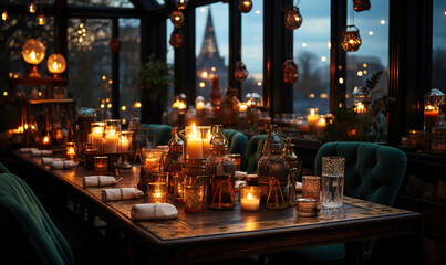 Fototapeta na wymiar Warm Ambiance in a Cozy Restaurant,interior of restaurant,tables in restaurant