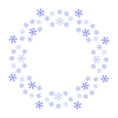 Snowflakes, round frame. Winter, Christmas pattern, delicate decoration, wreath of ice flakes. A lace ring of delicate snowflakes to decorate a banner, congratulations, greetings. Vector illustration.