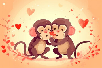 cartoon illustration, a pair of monkeys kissing