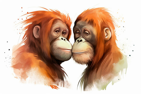 cartoon illustration, a pair of orangutans kissing