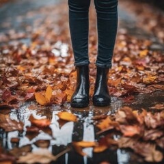 The girl's boots were borrowed in the rain, and the wet ground was full of maple leaves.