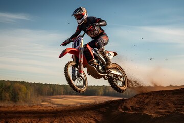 Fototapeta na wymiar A rider performing an impressive jump on a motocross bike. a professional rider who rides a motorcycle and runs hard off-road. generative AI