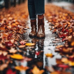 The girl's boots were borrowed in the rain, and the wet ground was full of maple leaves.