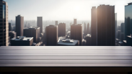 Wooden table top on blur city background - can be used for display or montage your products.AI