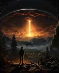 Illustration of a man and his family watching a UFO emerge from a dramatic atmosphere