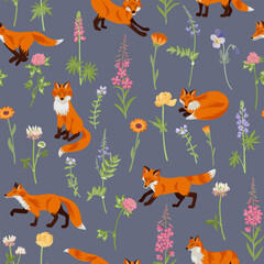 vector drawing seamless pattern with fox and flowers, hand drawn animal and forest plants , cartoon style background for children textile or wallpaper