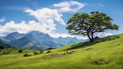 Fototapeta premium Mountain meadow one tree under mountain white top