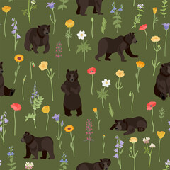 vector drawing seamless pattern with bears and flowers, hand drawn animals and forest plants , cartoon style background for children textile or wallpaper