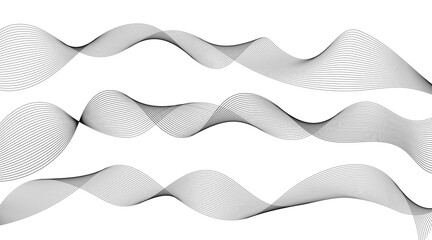 Lines for the background. Black stripes on a white background. Set of wavy lines. Multiple line waves. Creative line art. Grey waves with lines. Vector waves set. Curved wavy line, smooth stripe.