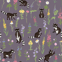 vector drawing seamless pattern with raccoon and flowers, hand drawn animals and forest plants , cartoon style background for children textile or wallpaper © cat_arch_angel