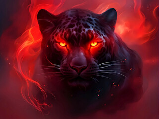 Portrait of a black jaguar surrounded by smoke with glowing red eyes.