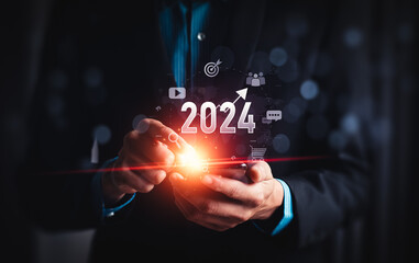 financial business growth 2024, Businessman analysis profitability of working companies with digital augmented reality graphics, Businessman calculating financial data for long-term investments