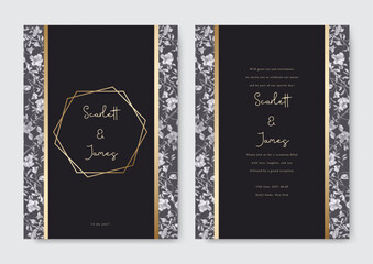 Floral wedding invitation template set with elegant black luxury geometric. Simple invitation card template