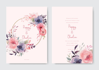 Floral wedding invitation template set with elegant pink rose leaves. Beautiful roses invitation card template