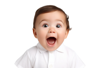 Portrait of a baby is Surprised and excited, opening eyes and mouth isolated PNG object
