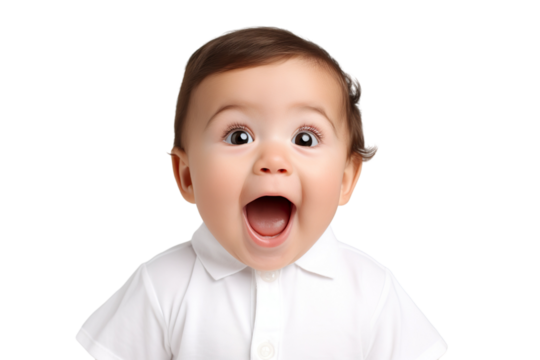 Portrait of a baby is Surprised and excited, opening eyes and mouth isolated PNG object