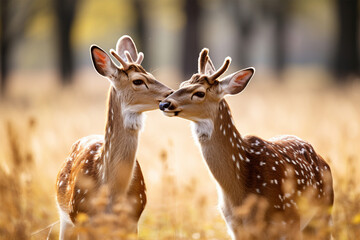 a pair of deer are kissing