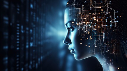 A humanoid robot, ai, artificial intelligence is thinking or analyzing data with glowing code structure floating in the head