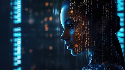 Fotobehang A humanoid robot, ai, artificial intelligence is thinking or analyzing data with glowing code structure floating in the head © KikkyCNX