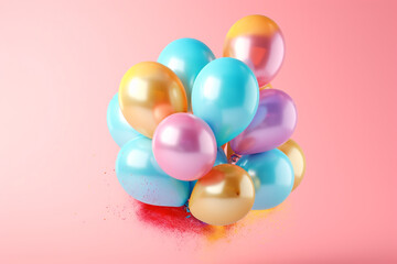 Fototapeta na wymiar Birthday, Valentine's day, anniversary celebration concept. Various classic shape and soft pastel colored flying balloons on plain studio background with copy space. Generative AI